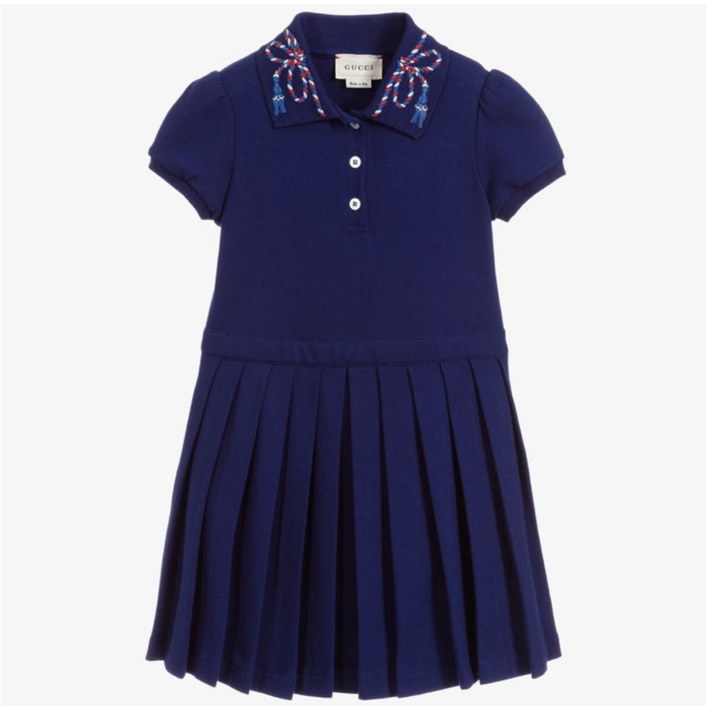 GUCCI Girls Blue Cotton Piqué Polo Dress Navy Blue Kids Embellished Collar 24 mo